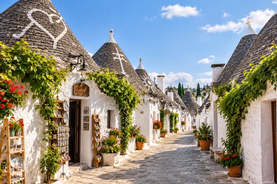 Vicolo di trulli bianchi ad Alberobello